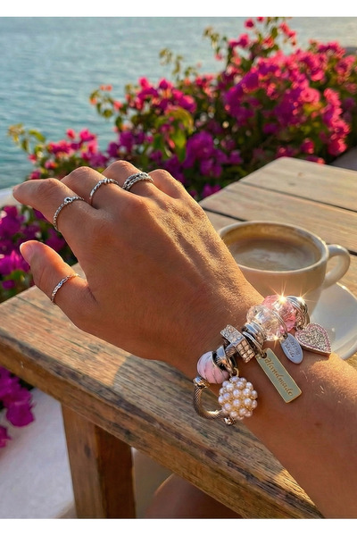 Duke Nickle Kadın Pembe Kalp Charm Ve Boncuklu Çelik Bileklik - Çok Şekilli, ...