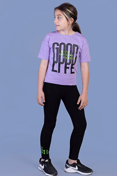 Toontoy Kız Çocuk 2'li Takım Baskılı Bisiklet Yaka T-Shirt & Basic Düz Tayt