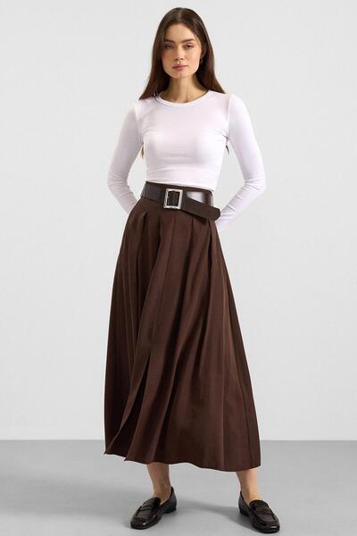 Olcay Belt Detailed Front Slit Pleated Modal Skirt Brown 7069