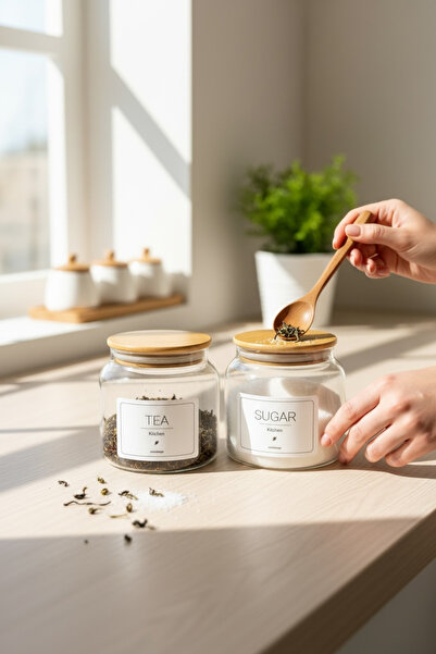 zezedesing Bambu Kapak Cam Çay-şeker Kavanozu 500ml (tea-sugar)