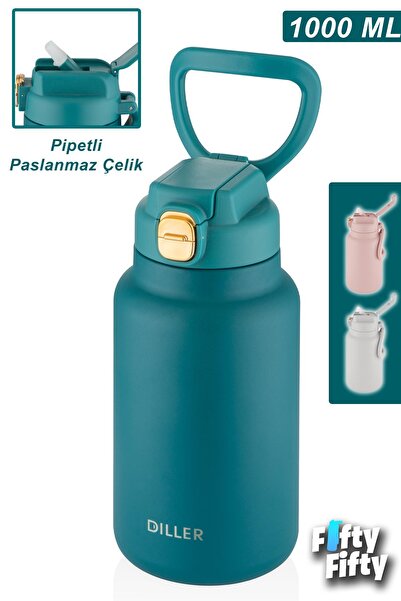 Vagonlife DILLER 1000ml Pipetli Taşıma Kulplu Çelik Matara 6 saat sıcak/soğuk...