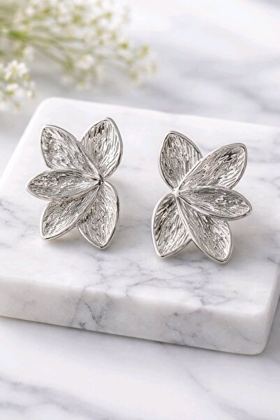 mos&more Gümüş Yarım Çiçek Plaka Büyük Kadın Küpe Uzunluk.4cm