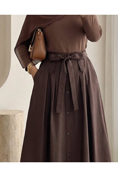 Modamorfo Lace-Up Parachute Skirt with Front Buttons - Brown