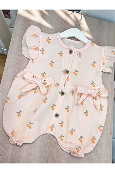 Nanon Baby Altıntaş Baby - Cherry Pompom Patterned Muslin Bow Jumpsuit