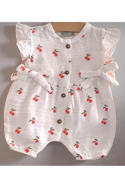 Nanon Baby Altıntaş Baby Kiraz Ponpon Desenli Müslin Fiyonklu Tulum