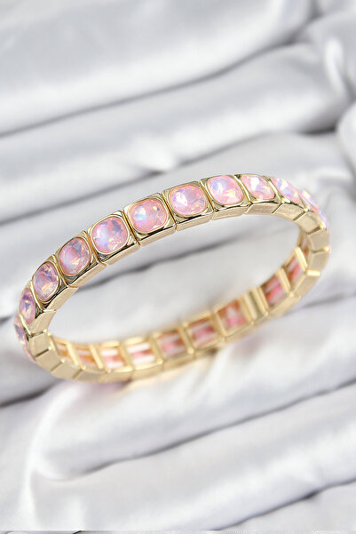 Skygo Pirinç Pembe Zirkon Taşlı Kare Model Gold Renk Lastikli Kadın Bileklik ...