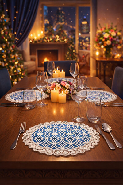 Rona Home طقم سُبلا فاخر بنمط هندسي أبيض مع أربطة - طقم تقديم طعام فاخر مكون ...