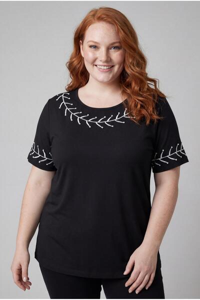Ebsumu Bluză neagră cu detaliu broderie cu ramuri de mărime Plus pentru femei