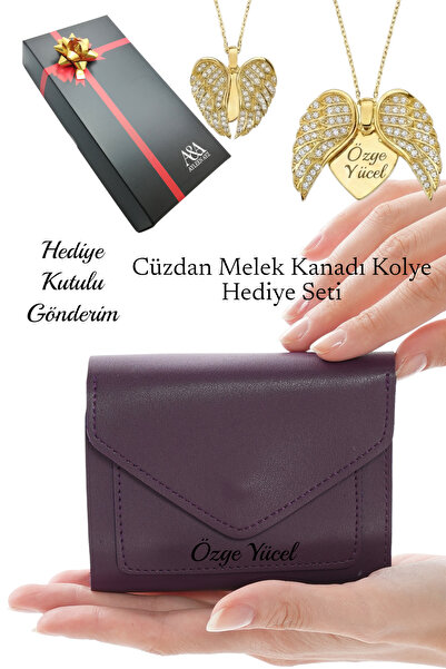 Ayleen Ayz İsme Özel Kadın Mor Deri Zarf Cüzdan ve İsimli Melek Kanadı Kolye ...