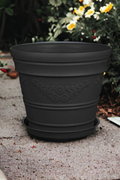 Melkan Home Antik Papatya Desenli Siyah Renk Saksı 21 Litre