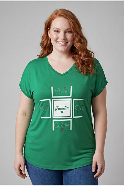 Ebsumu Γυναικεία Πράσινη Μπλούζα Familia Printed Plus Size