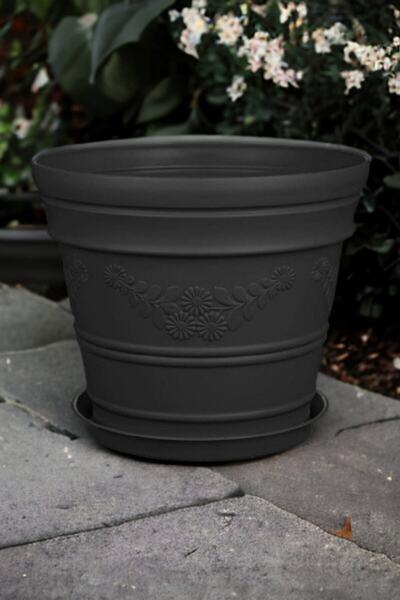 Melkan Home Antik Papatya Desenli Siyah Renk Saksı 21 Litre