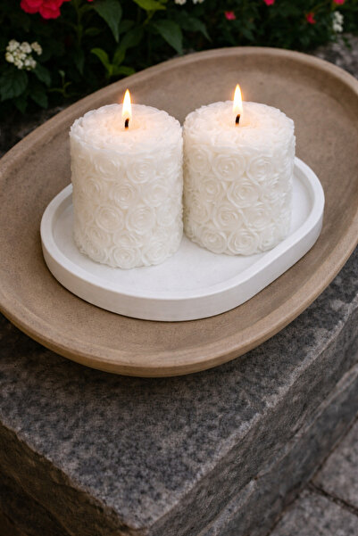 aymumi home Kırmızı ve Beyaz Gül Desenli Silindir Mum Seti – Romantik Dekoratif