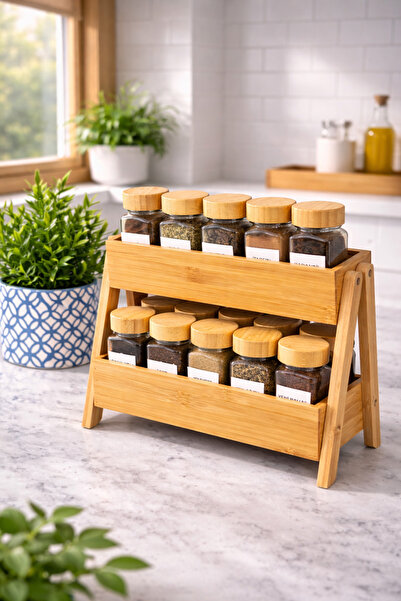 Janset Bambu 2 katlı baharatlık, baharat standı, 15 adet baharatlık ve 21 ade...