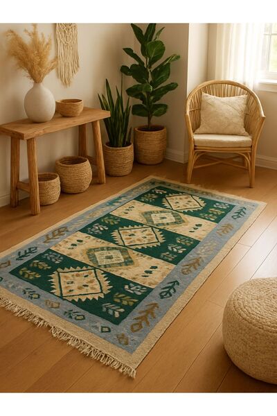 OEM Covor tradițional țesut, față-verso, dimensiune 80 x 200 cm, verde și cre...