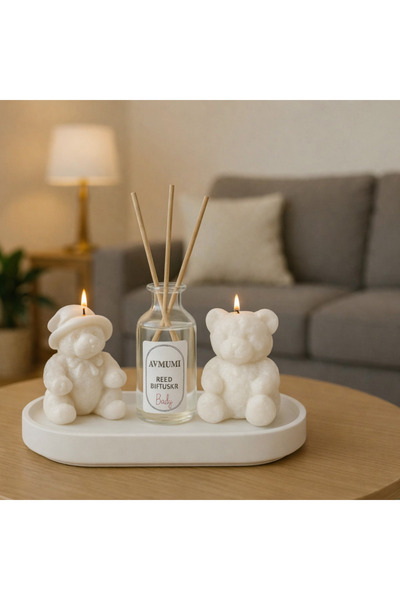 aymumi home Ayıcık Mum ve Baby Kokulu Reed Difüzör Seti – Hediye ve Dekoratif