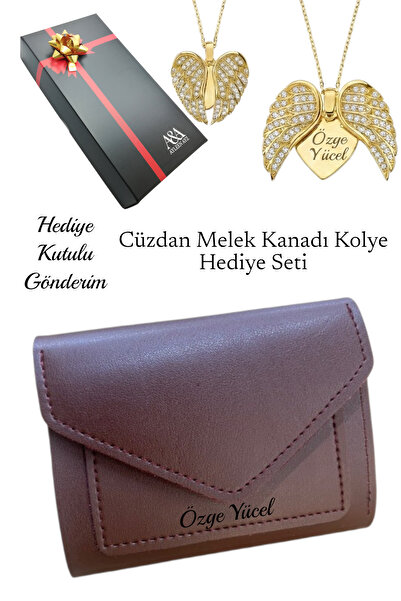 Ayleen Ayz İsme Özel Kadın Bordo Deri Zarf Cüzdan ve İsimli Melek Kanadı Koly...