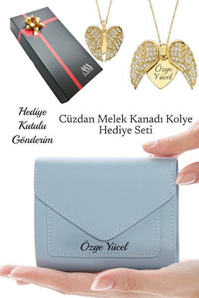 Ayleen Ayz İsme Özel Kadın Bebe Mavi Deri Zarf Cüzdan ve İsimli Melek Kanadı ...