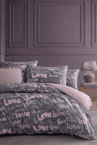 remtex طقم غطاء لحاف مزدوج بنمط مكتوب عليه الحب - تفاصيل بودرة على خلفية رماد...