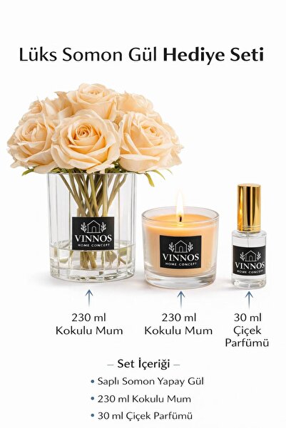 VINNOS HOME CONCEPT Yapay Çiçek Hediye Seti - Somon Yapay Gül, 230 ml Kokulu ...