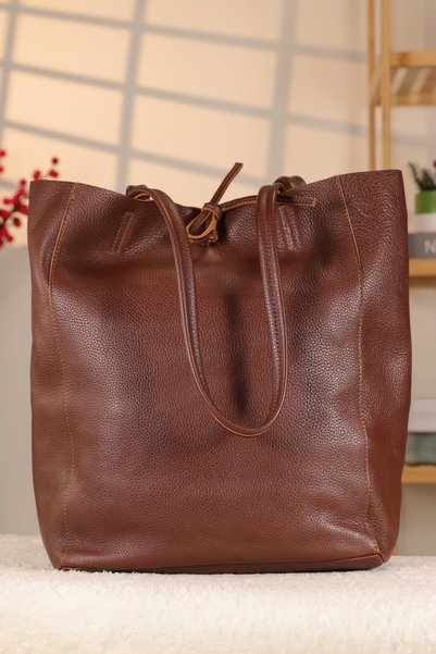 Aksesuarlia Brown Color Soft Leather Bag - 40369, Genuine Leather Bag, Inner Pocket, Tote