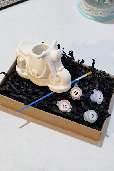 Denic Tasarım Taş Boyama Seti-Motorsiklet -Boya-Fırça- Biblo- Kalemlik- Çok a...