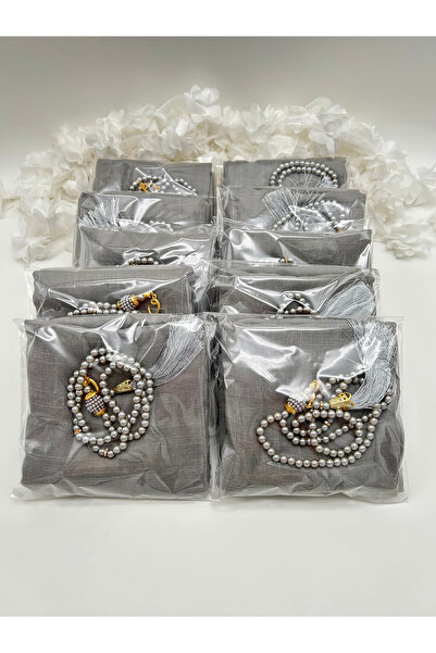 LenaToptan 10 Adet Gri Flamlı Eşarp ve Tesbih Seti Hac Umre Mevlid Hediyelik