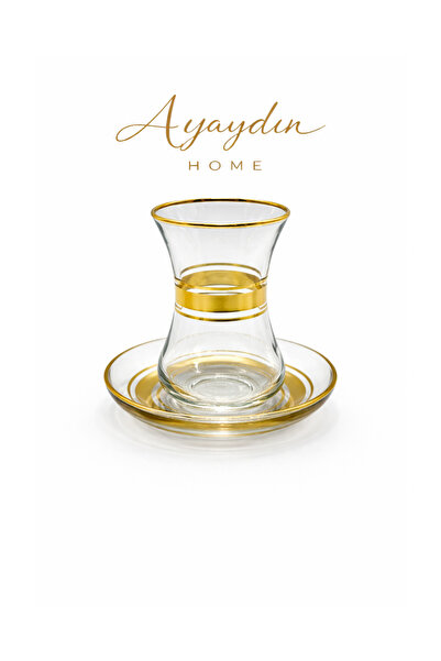 Paşabahçe İnce Belli Bel Yaldızlı 12 Parça Çay Seti (6 Bardak + 6 Tabak) - Ay...