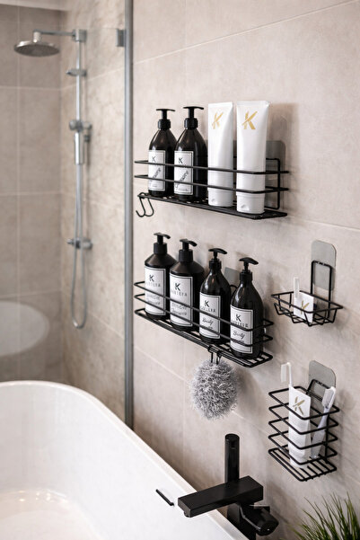 KARTEYA Organizator de rafturi de baie din metal negru, adeziv, rezistent la ...