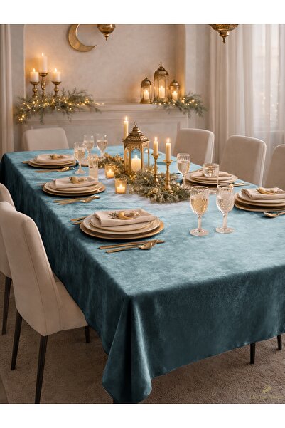 Demor Home Kadife Dokulu Güvercin Mavisi Dertsiz Masa Örtüsü