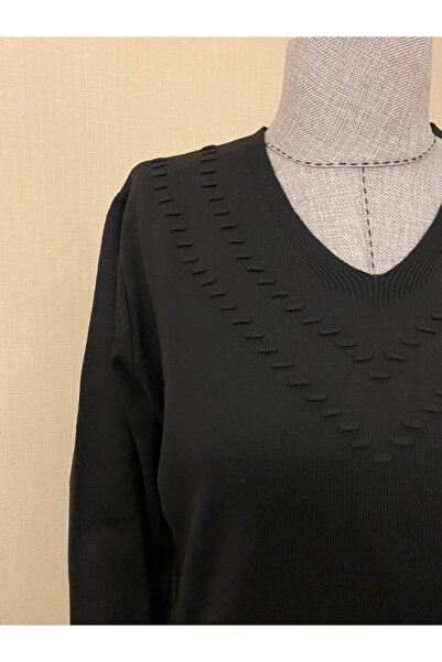 TEK Tricotaj cu decolteu în V Pulover Bluză Mamă cu Motiv / Negru