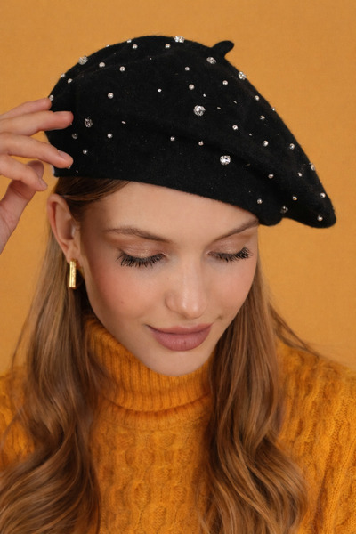 Yağmur قبعة رسام مرصعة بالأحجار، قبعة شتوية سوداء اللون، ملابس خارجية من الصو...