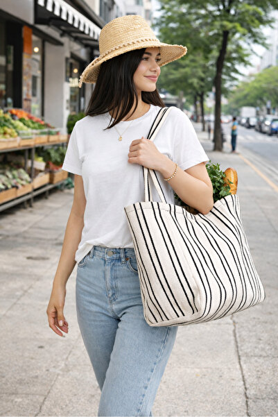 Woys Bags Woys Siyah Çizgili Desen Dokuma Plaj Çantası