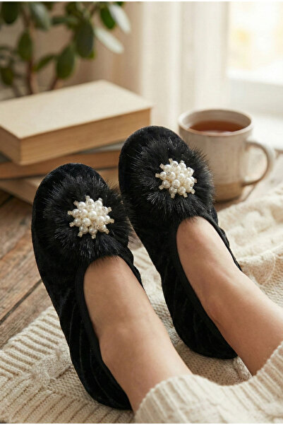 Mijja Velvet, Pearl Figured Furry Home Slippers, Daily Gift, Non-Slip Flat Sl...