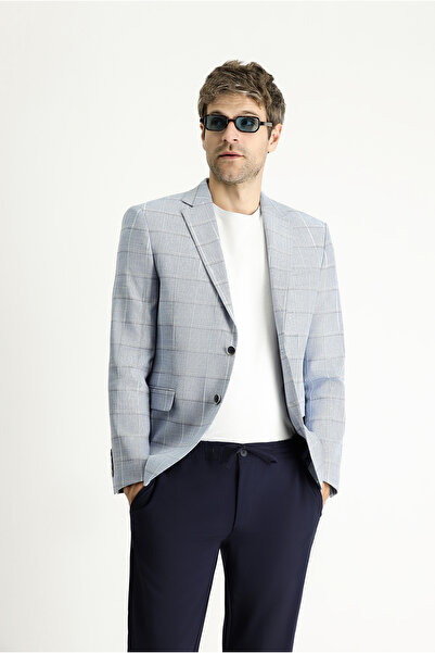 Kiğılı 7 Drop Slim Fit Dar Kesim Ekose Pamuklu Keten Karışımlı Ceket