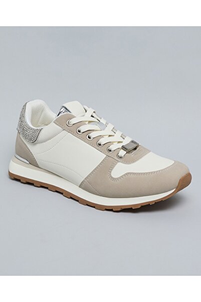R&B Women Ivory Embellished Lace Up Sneakers