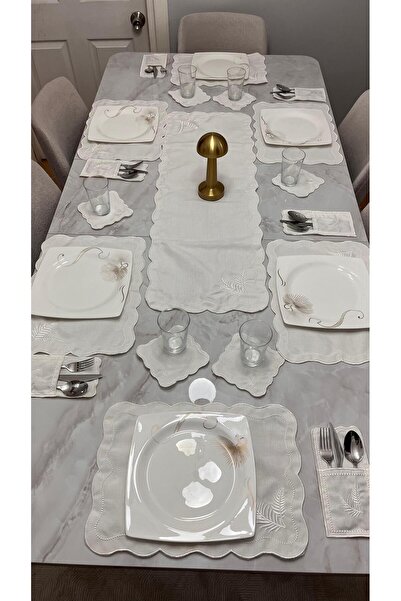 HARD RUBY 25 Parça Beyaz Yaprak Desenli Amerikan Servis & Masa Örtüsü Seti