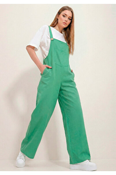 Little Visqon Kadın Geniş Paça Keten Görünümlü Bahçıvan Askılı Rahat Kesim Sa...