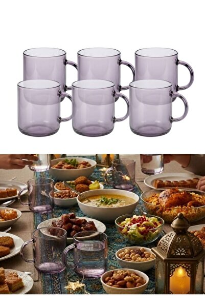Premium Purple Glass Tea Mug Set of 6 pcs Transparent Handle Mugs