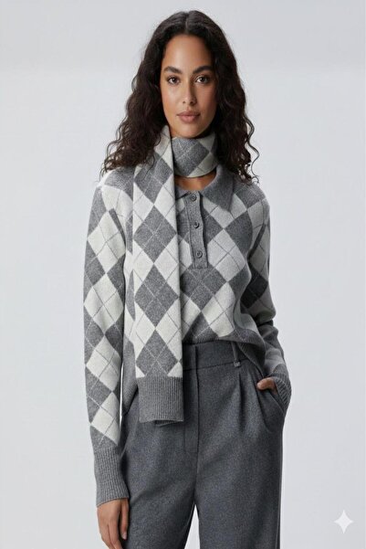 powermıxs Women's Gray Melange Patterned Scarf Wool Blend Alya Sweater