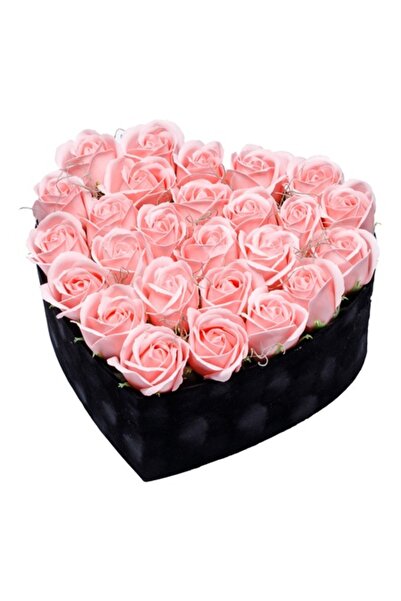 OEM Floral arrangement with pale pink soap roses in a black velvet heart box,...
