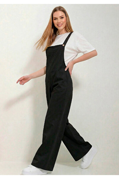 Little Visqon Kadın Geniş Paça Keten Görünümlü Bahçıvan Askılı Rahat Kesim Sa...