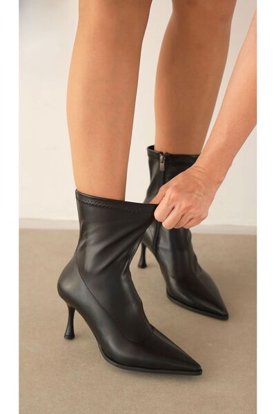 selin shoes Averial Thin Heeled Pointed Toe Stretch Women's Boots - Black