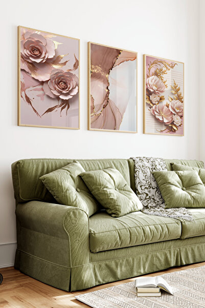 kutuTR Ahşap Çerçeveli 2D UV Baskı 3'lü Tablo set–Toz Pembe Altın Varaklı Flo...