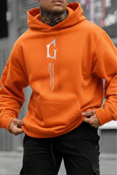 CAST COLLECTİON Men's Orange g Vertical Printed Hooded Sweatshirt