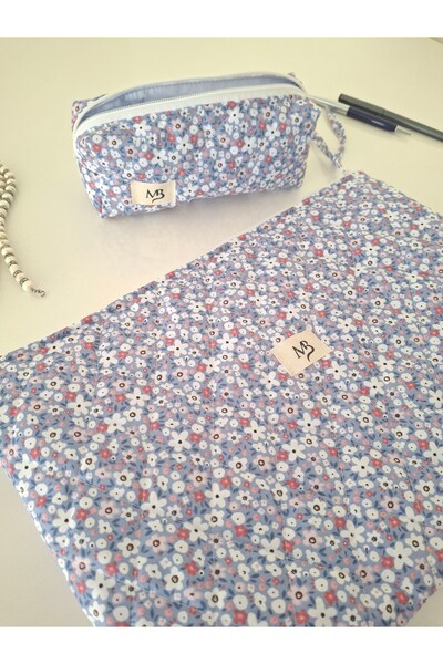 MB Blue Floral Patterned Laptop Sleeve - Pen Holder Set - 13 - 14 Inc Compatible