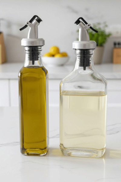 Jenisa 2-Piece Transparent Glass Flat Oil Bottle - 200ml with Leak-Proof Stop...