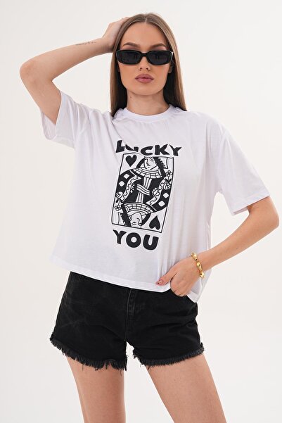 ŞİMAL Women's Printed Detailed Crew Neck Oversize T-Shirt - 260142