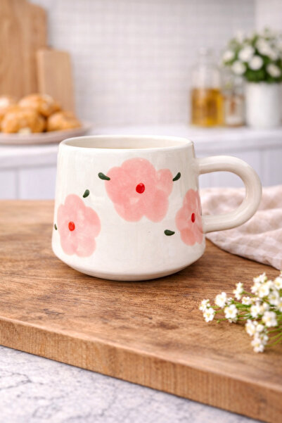 BB TRADE Handmade Pink Floral Patterned Ceramic Mug 200 ml
