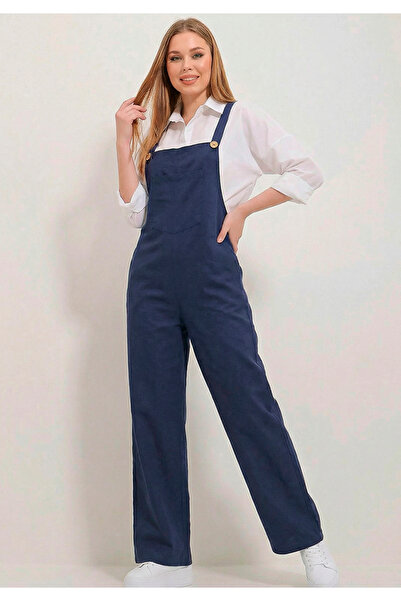 Little Visqon Kadın Geniş Paça Keten Görünümlü Bahçıvan Askılı Rahat Kesim Sa...